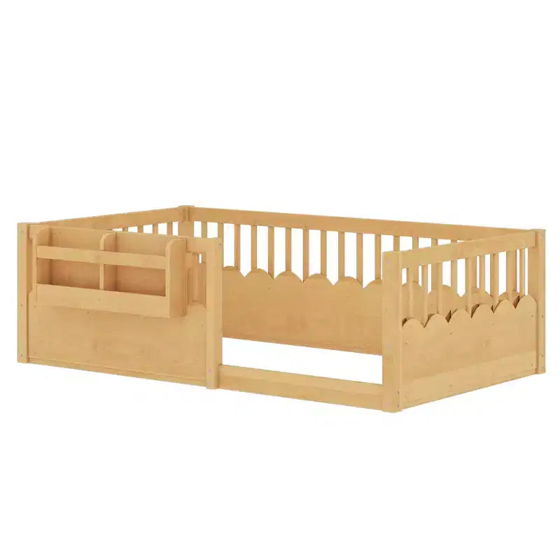 Lit d'enfant Bellemave avec clôture rehaussée et étagère, cadre de lit Montessori double en bois pour filles et garçons
