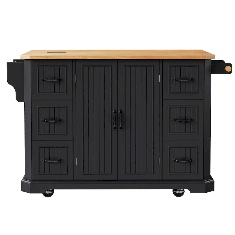 Îlot de cuisine escamotable à abattant, chariot de cuisine à 4 roulettes avec prise de courant, table îlot mobile avec 2 portes et 6 tiroirs