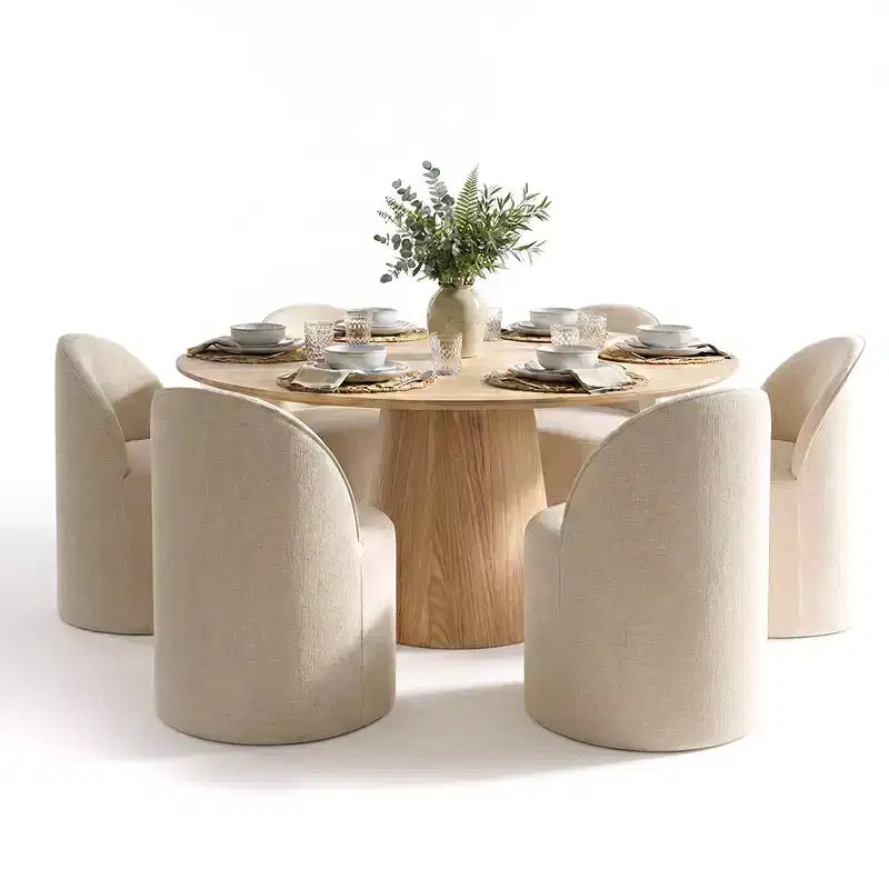 Ensemble de salle à manger moderne pour 6 personnes, table à manger ronde avec pied central, chaises de salle à manger pivotantes à roulettes, tissu chenille texturé - Panipeachy