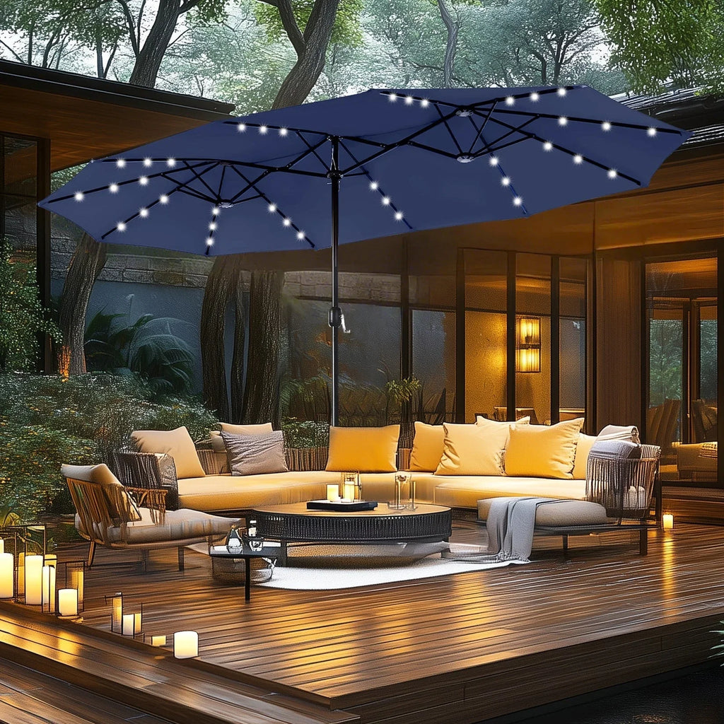 MAISON ARTS Parasol excentré rectangulaire de 4,5 m avec manivelle, parasol de marché double face d'extérieur avec lumières LED solaires et base incluse