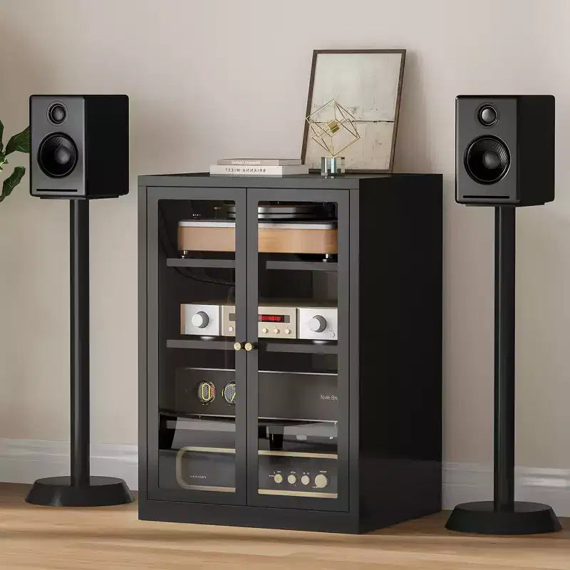 Meuble de rangement pour médias Bekrvio Metal, meuble stéréo à 4 niveaux avec portes en verre et étagères réglables, support audio AV avec gestion des câbles