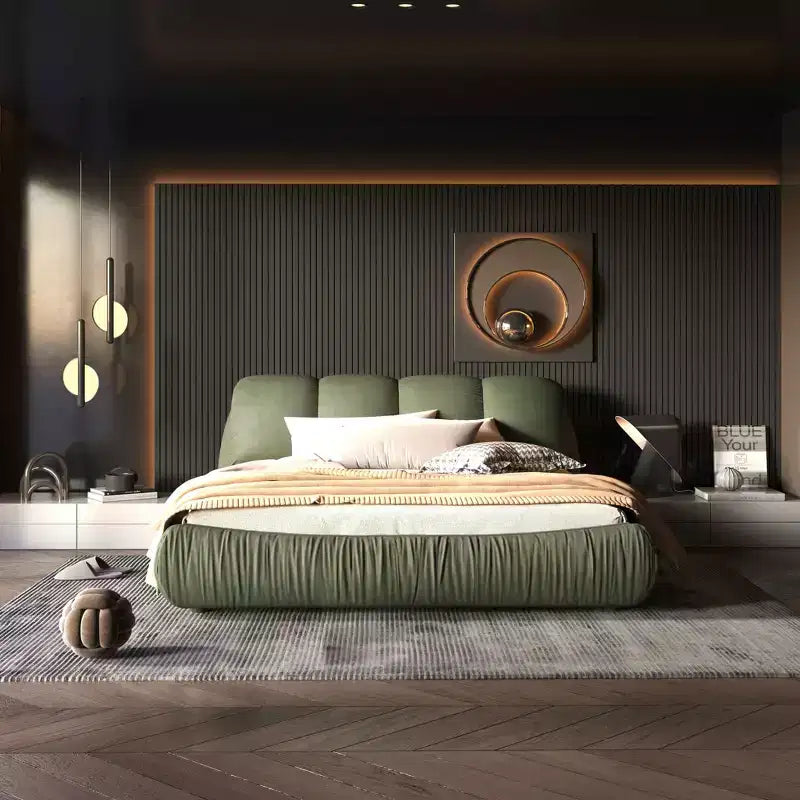 MAYEERTY Lit plateforme de luxe Queen Size tapissé avec tête de lit rembourrée surdimensionnée et cadre en bois massif Vert