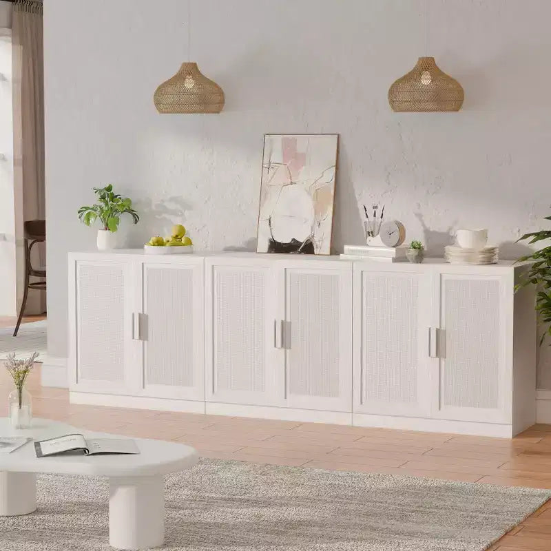 Buffet de rangement à portes en rotin 3 ensembles avec étagères réglables - 93L x 31H
