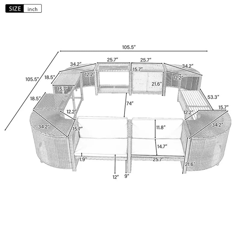 Canapé d'angle d'extérieur en rotin pour spa, forme quadrilatérale