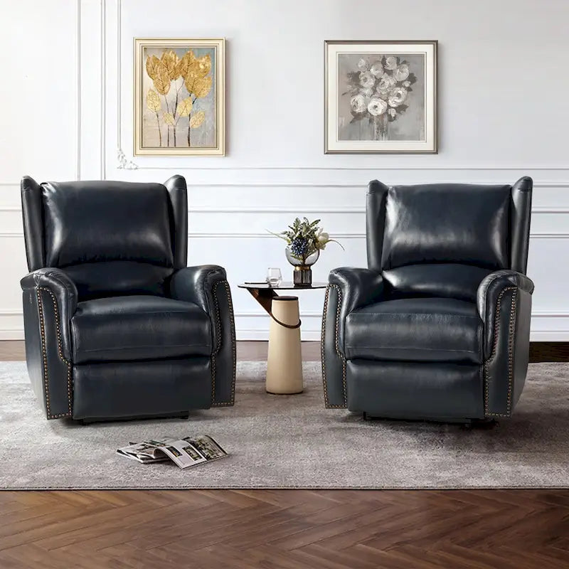 Fauteuil inclinable électrique en cuir véritable avec port USB – Dossier à oreilles clouté, ensemble de 2