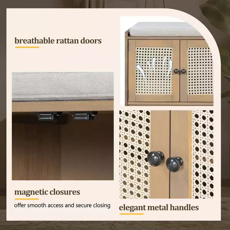 Banc de rangement rustique en bois Whisen, banc à chaussures d'entrée avec coussin amovible, étagères réglables