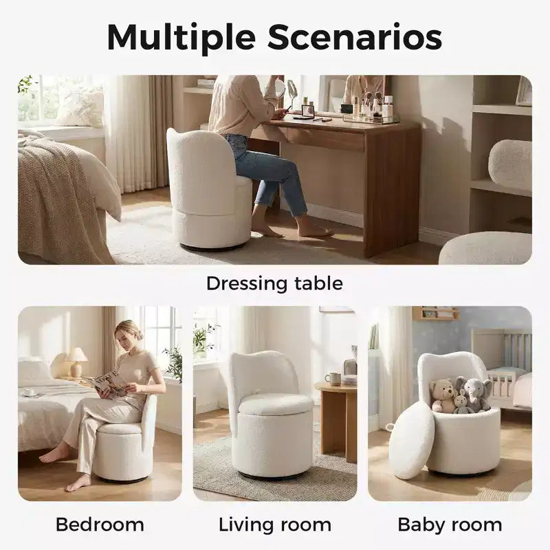 Chaise de vanité pivotante avec rangement, tabouret de maquillage rond rembourré avec dossier, fauteuil d'appoint rembourré doux pour chambre et salon