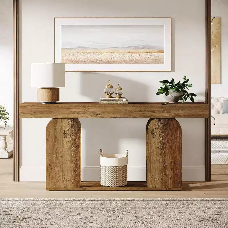 Console de table Lantine de 70,9 pouces extra longue de style ferme avec étagère de rangement à 2 niveaux en bois, convient pour couloir, salon, entrée, marron vintage.