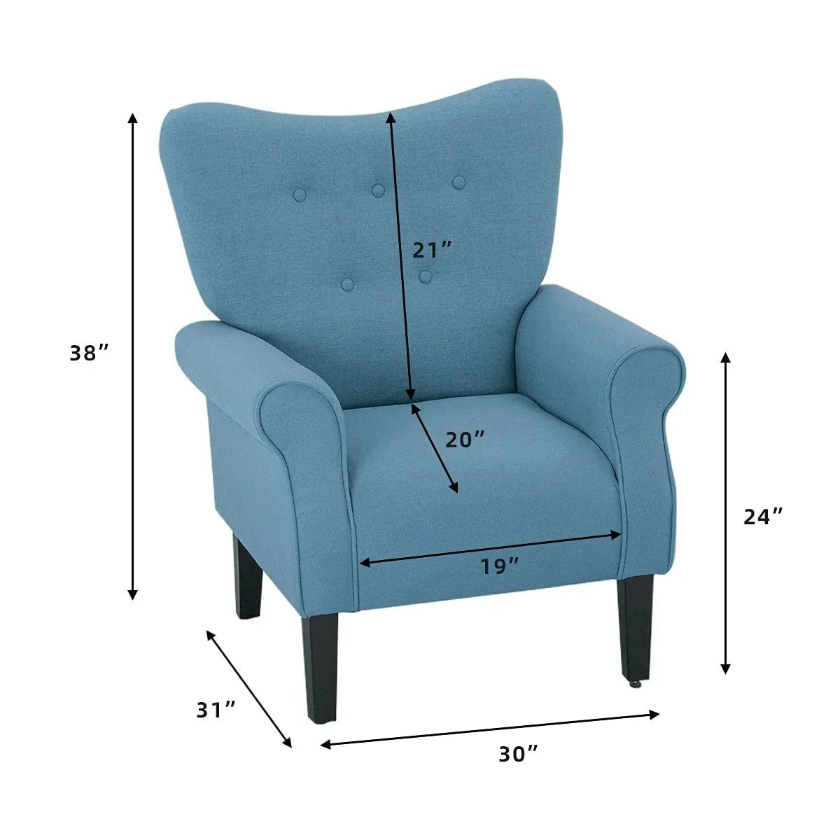 Fauteuil d'appoint moderne Erommy, fauteuil à dossier haut, canapé simple en tissu rembourré avec boutons et pieds en bois pour salon