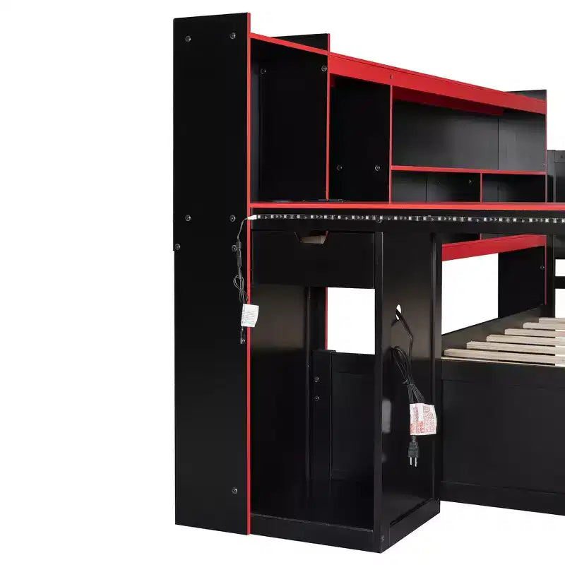 Lit de repos Gamer Hub avec bureau, lumières RGB, station de recharge, tiroirs de rangement et tête de lit bibliothèque