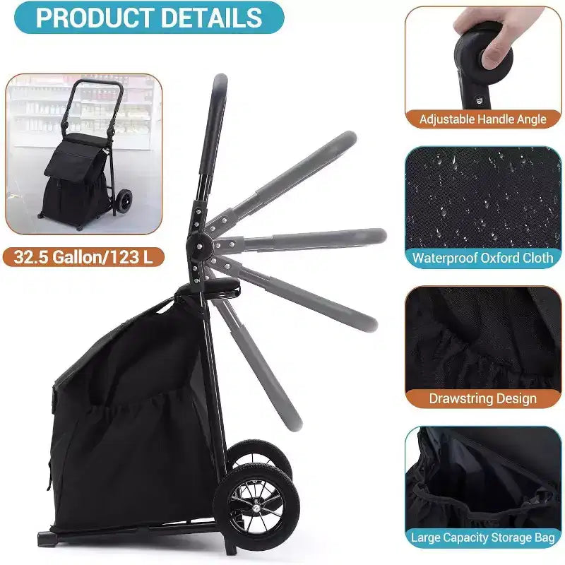 Chariot de transport pliable 2-en-1 Acekool avec sac étanche amovible, coussin d'assise épais et poignée antidérapante réglable, noir