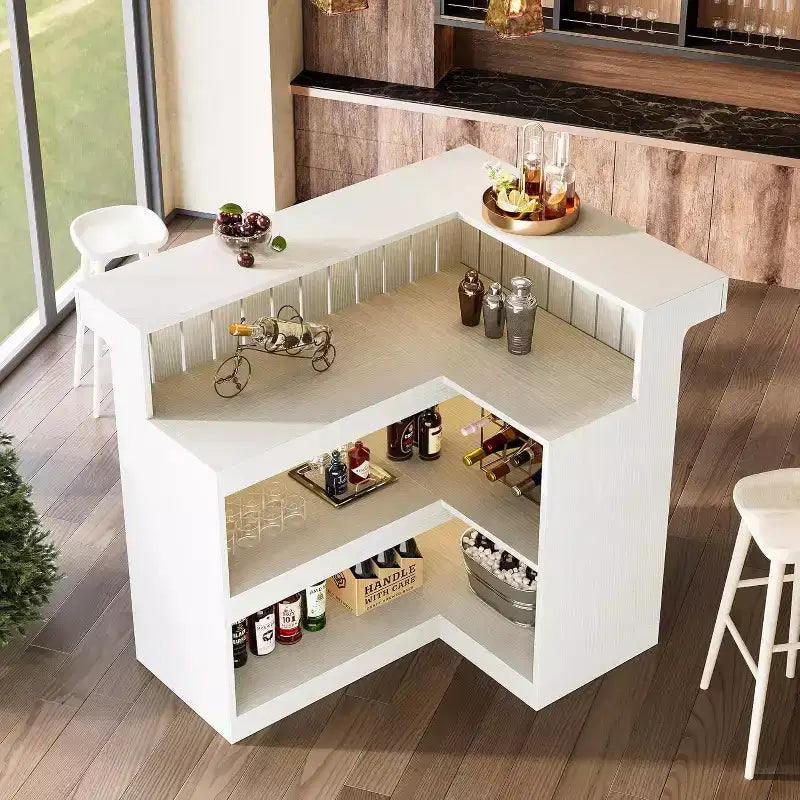 Bar de salon en L Lantine, bar à liqueurs d'angle à 4 niveaux avec étagères de rangement et porte-verres à vin pour pub à domicile