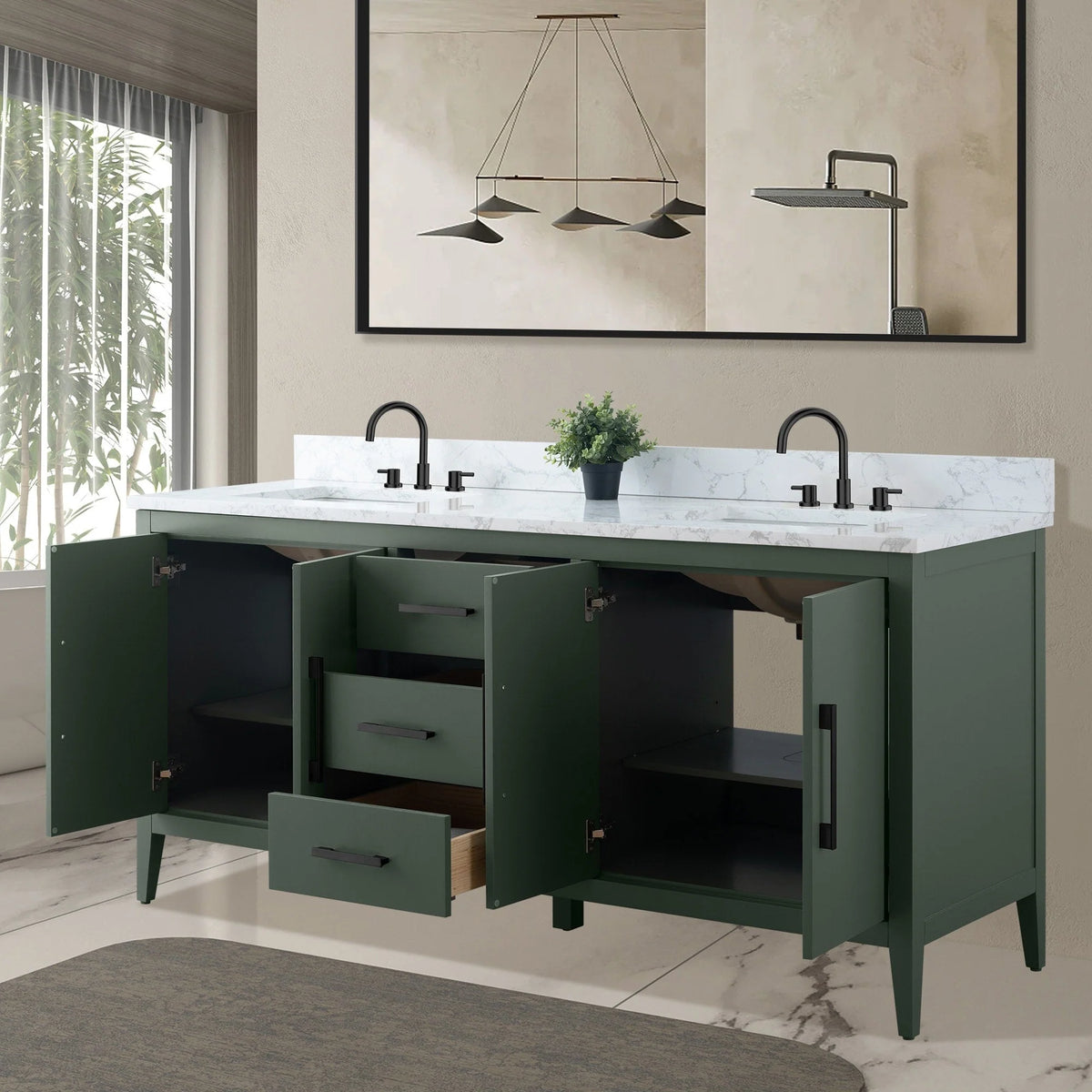 Meuble-lavabo de salle de bain Vanity Art 72 po à double vasque avec dessus en marbre reconstitué