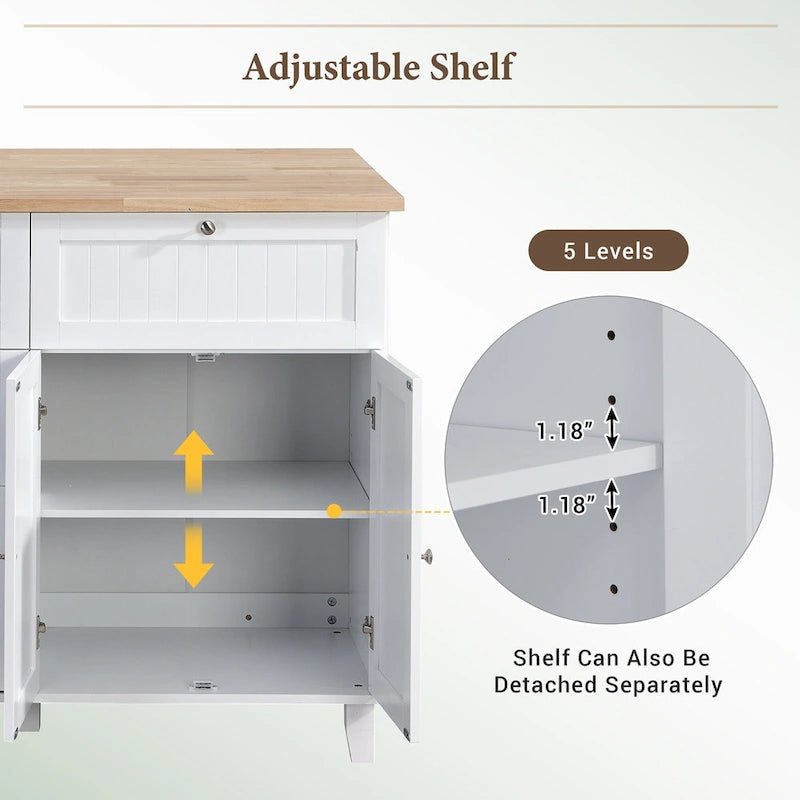Ensemble d'îlot de cuisine TOPMAX avec abattant et 2 tabourets, ensemble de table à manger avec étagère réglable, tiroirs et porte-serviettes