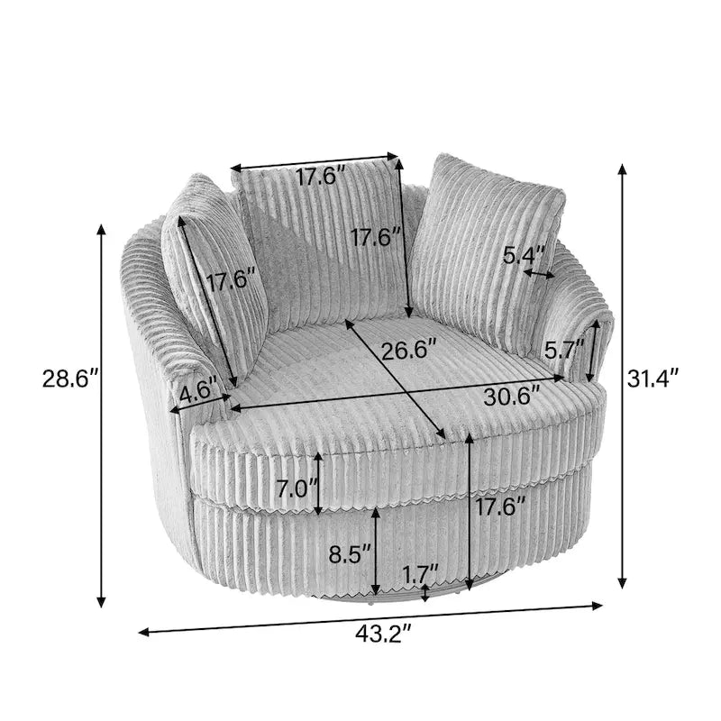 Lot de 2 fauteuils pivotants ronds surdimensionnés en velours côtelé moelleux de 43 po de large avec oreillers