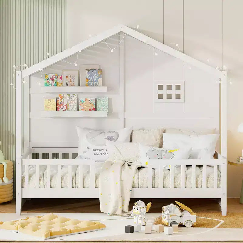 Lit cabane double avec étagères de rangement et barrières, cadre de lit Montessori en bois pour enfants avec fenêtre et bande lumineuse scintillante