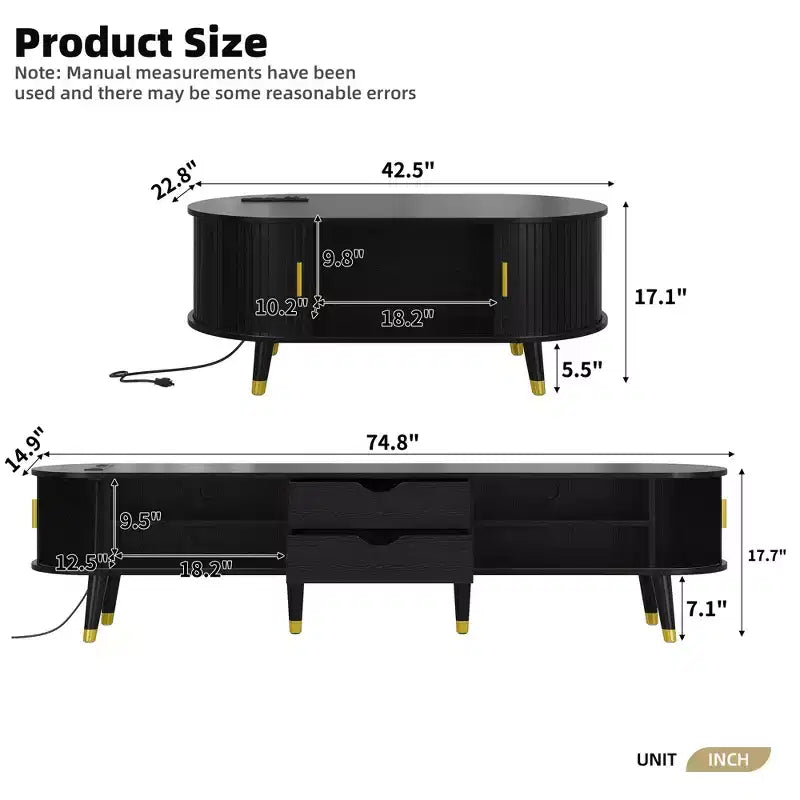 CLIHOME Meuble TV et table basse de ferme en bois avec station de recharge, console multimédia ovale cannelée pour TV jusqu'à 80 pouces