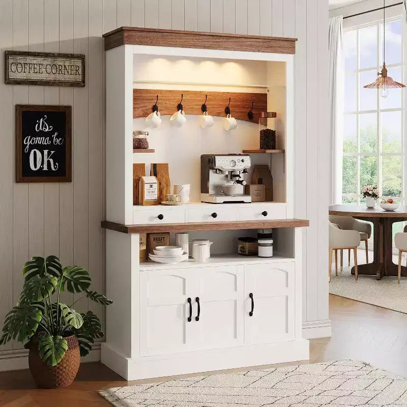 Meuble de bar à café de style ferme de 72 po de haut avec lumières LED, buffet de cuisine avec portes et tiroir, étagères réglables, rangement spacieux