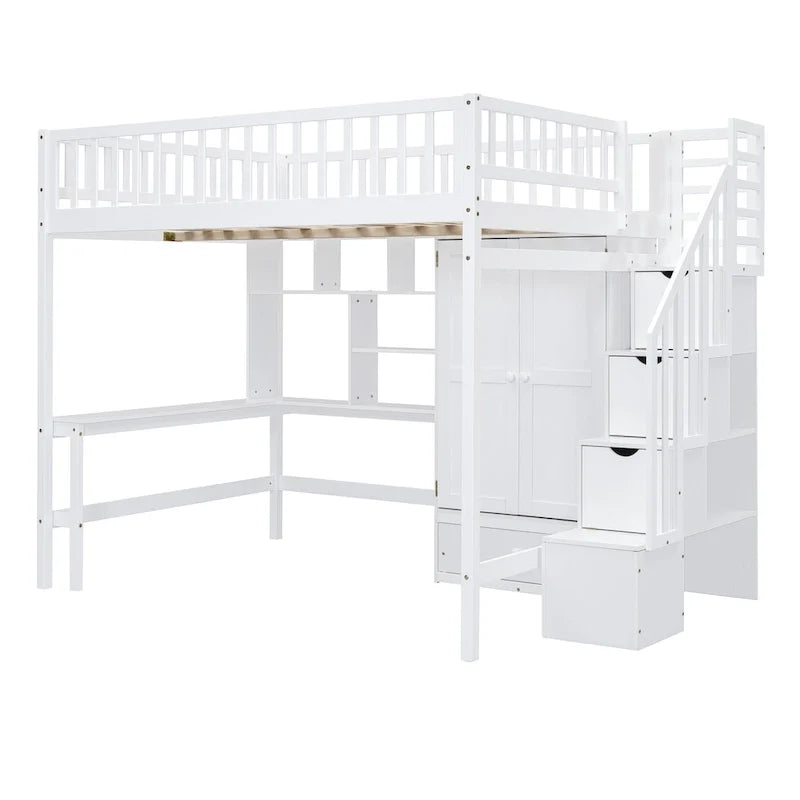 Lit mezzanine en pin avec bureau et rangements