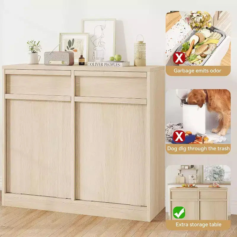 Poubelle inclinable, chêne naturel, poubelle avec rangement et tiroir, meuble poubelle caché, panier à linge pour cuisine, salle à manger, salon