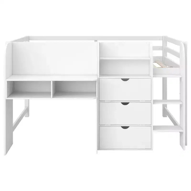 Lit mezzanine bas rose et blanc avec bureau, rangements et tableau blanc – Jumeau, 1 personne