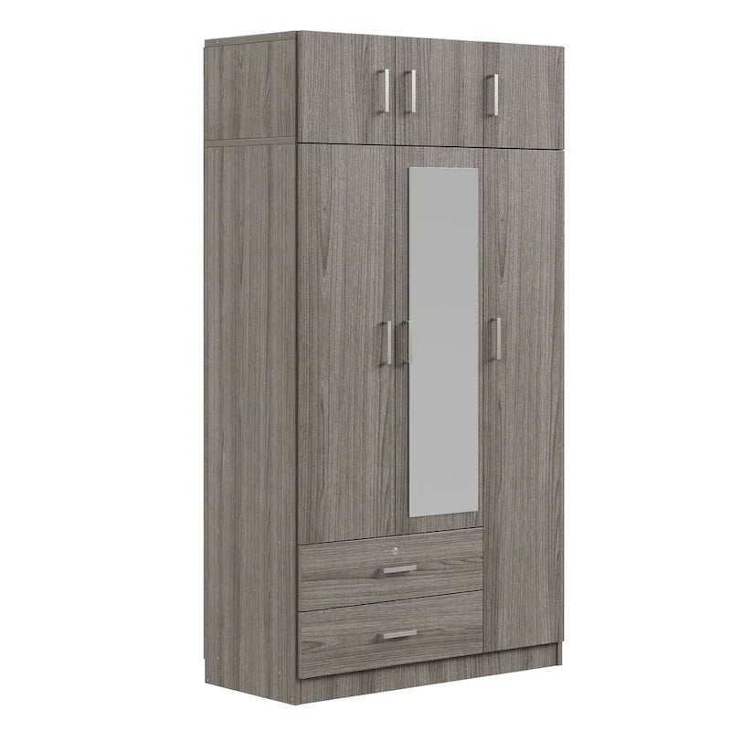 Armoire penderie miroir 3 portes avec 2 tiroirs et meuble haut