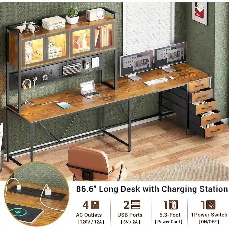 Bureau Gamer en L, Bureau d'Ordinateur avec Panneau Perforé, 5 Tiroirs et Étagère de Rangement