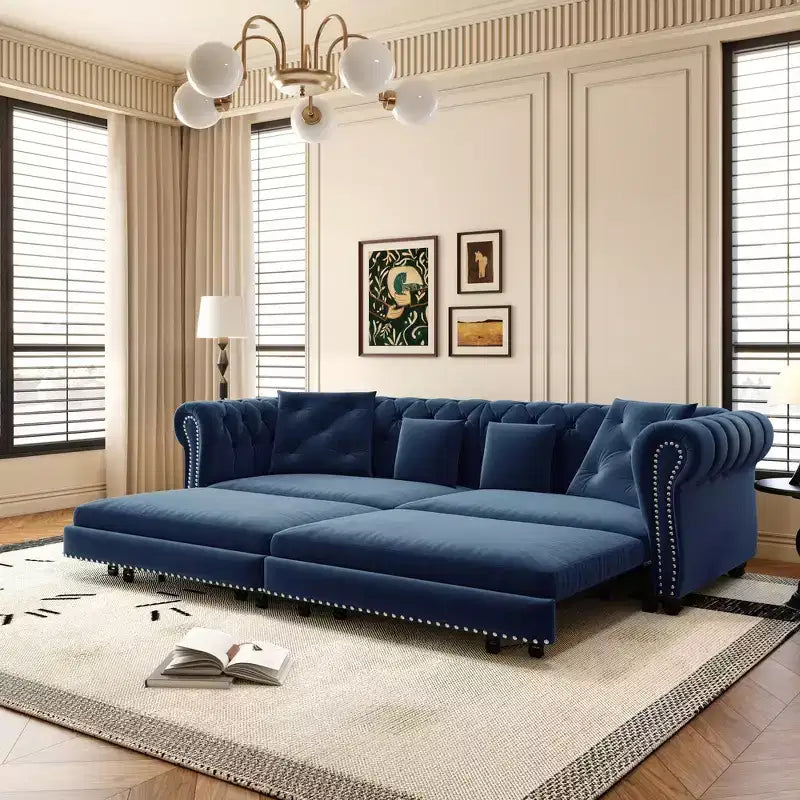 Canapé-lit gigogne 3-en-1 King Size Whisen Velvet et canapé convertible avec pouf mobile, design capitonné