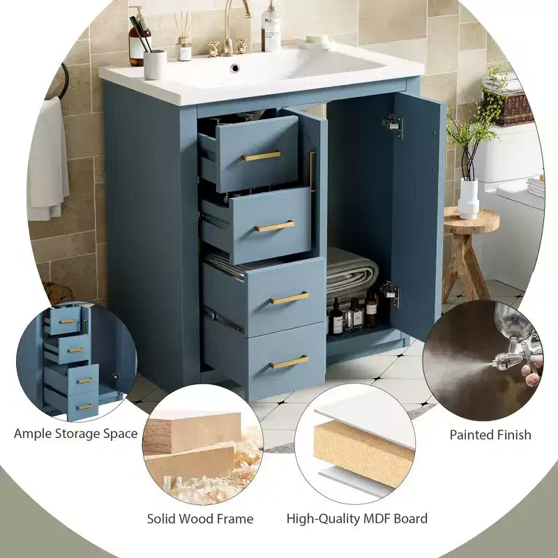 Meuble-lavabo de salle de bain 30 po avec armoire et 3 tiroirs – Noir / Bleu / Vert / Indigo / Blanc