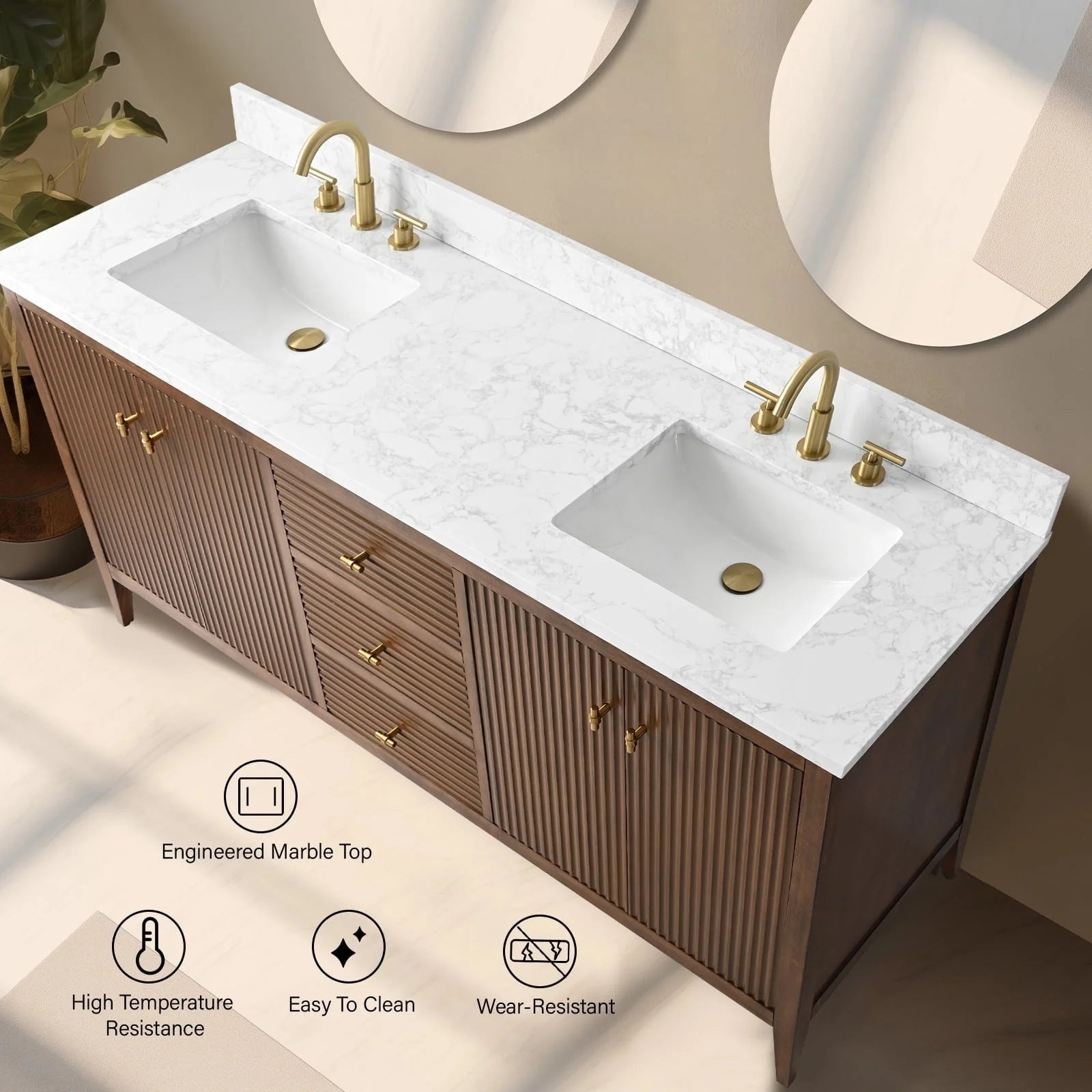 Meuble-lavabo de salle de bain Vanity Art 72 po à double vasque avec dessus en marbre reconstitué
