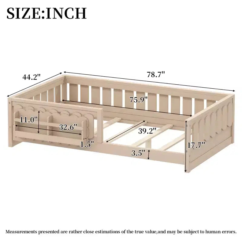 Cadre de lit plateforme pour enfant, tailles jumeau et double, avec barrière de sécurité, étagères intégrées et rangements