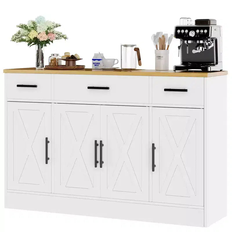 Buffet de cuisine Celebalcony avec rangement, grand buffet de cuisine de 135,6 cm avec 3 tiroirs et 4 portes, étagère réglable pour cuisine, salon