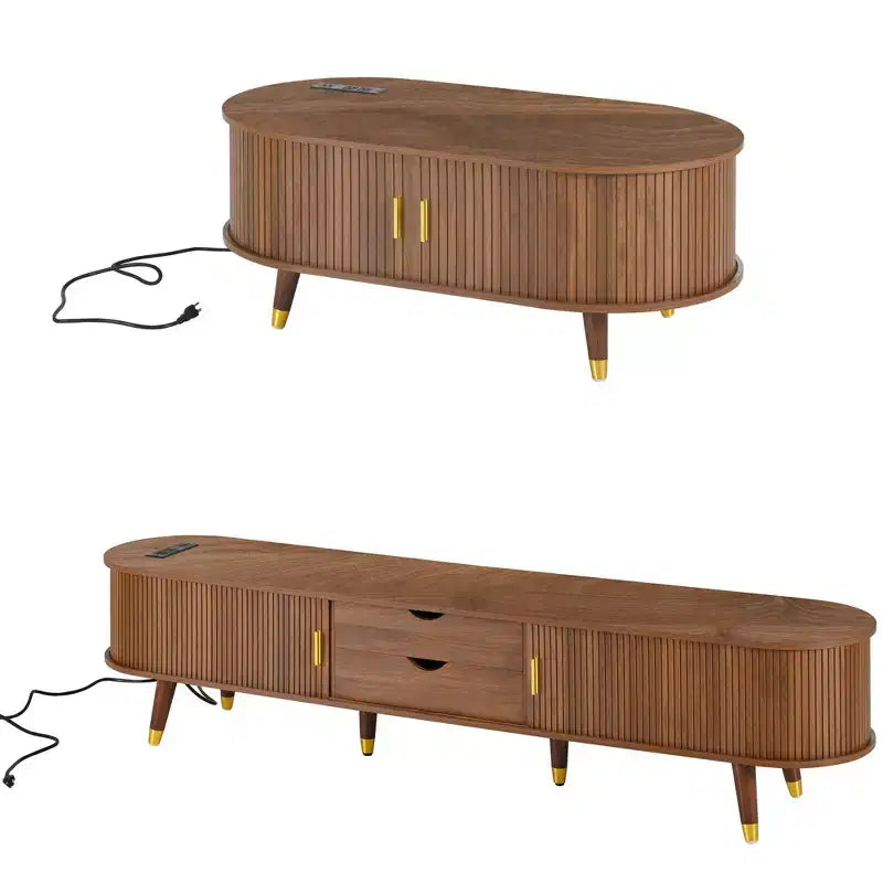 CLIHOME Meuble TV et table basse de ferme en bois avec station de recharge, console multimédia ovale cannelée pour TV jusqu'à 80 pouces