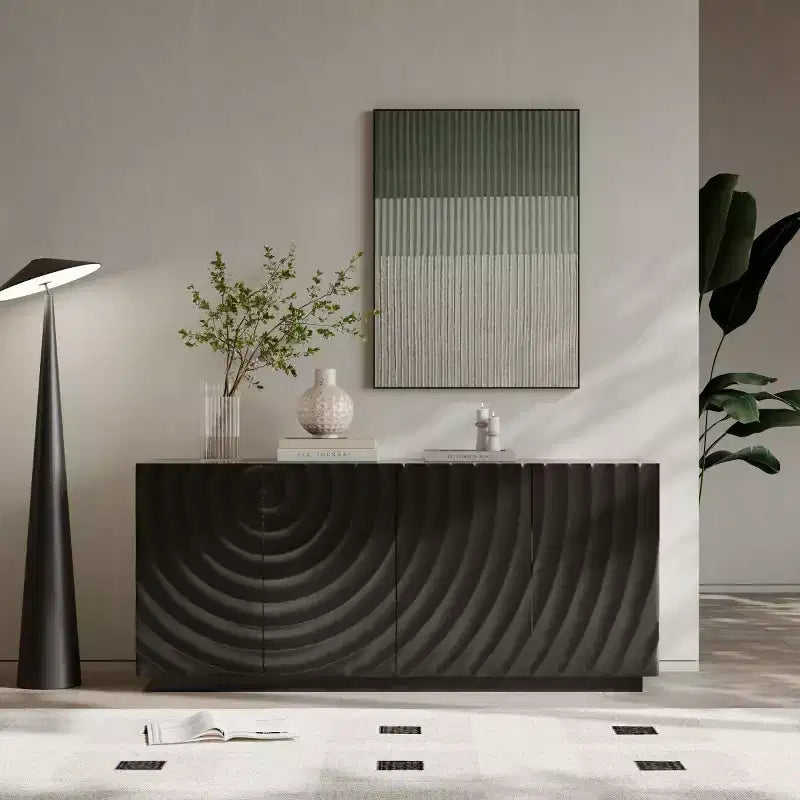 Buffet bas moderne en spirale, meuble d'entrée artistique discret avec portes texturées 3D ondulées