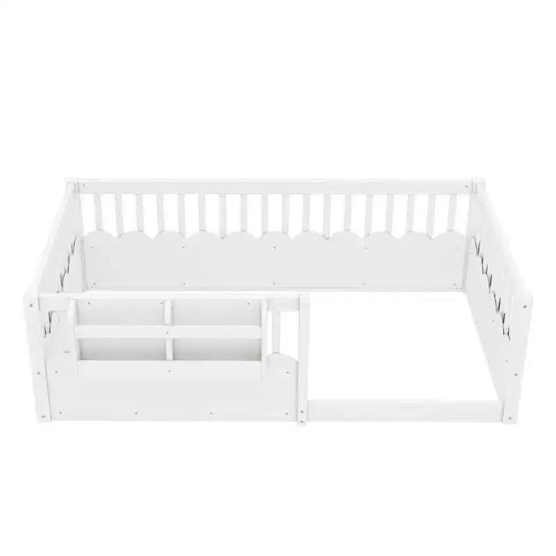 Lit d'enfant Bellemave avec clôture rehaussée et étagère, cadre de lit Montessori double en bois pour filles et garçons