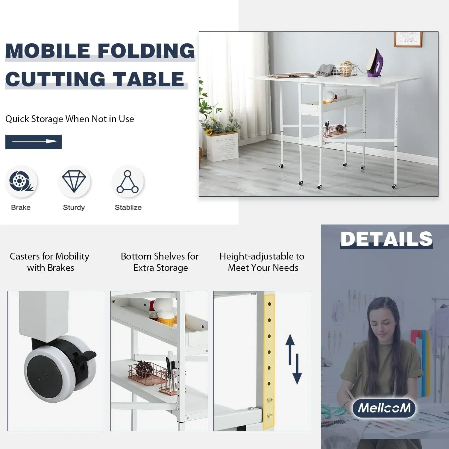 Table artisanale réglable en hauteur avec étagères de rangement, table de coupe pliante mobile pour bureau à domicile, salle de couture, salle d'artisanat