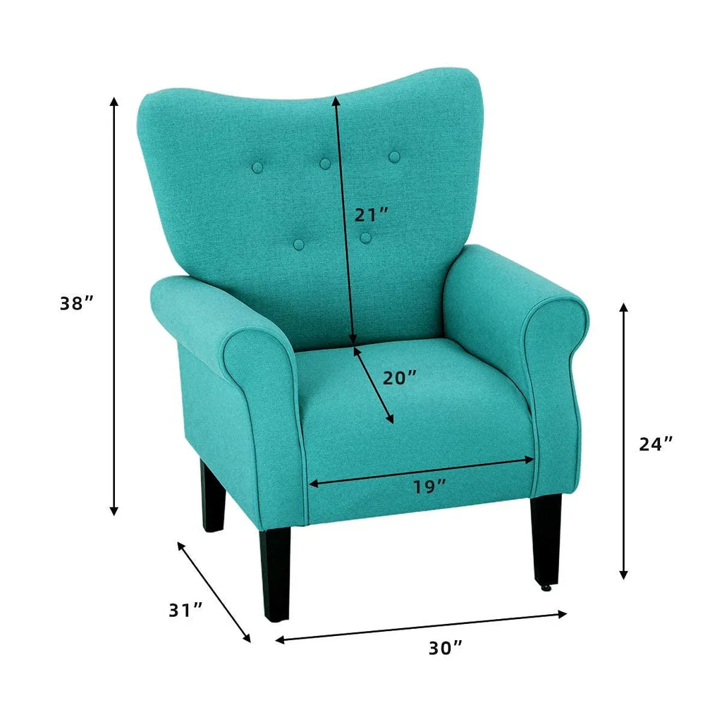 Fauteuil d'appoint moderne Erommy, fauteuil à dossier haut, canapé simple en tissu rembourré avec boutons et pieds en bois pour salon
