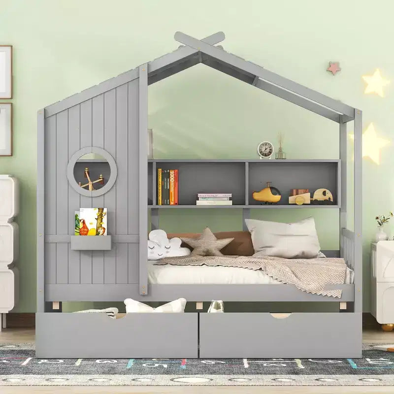 Lit cabane en bois double/complet avec 2 tiroirs, lit pour enfants avec étagère de rangement - ModernLuxe