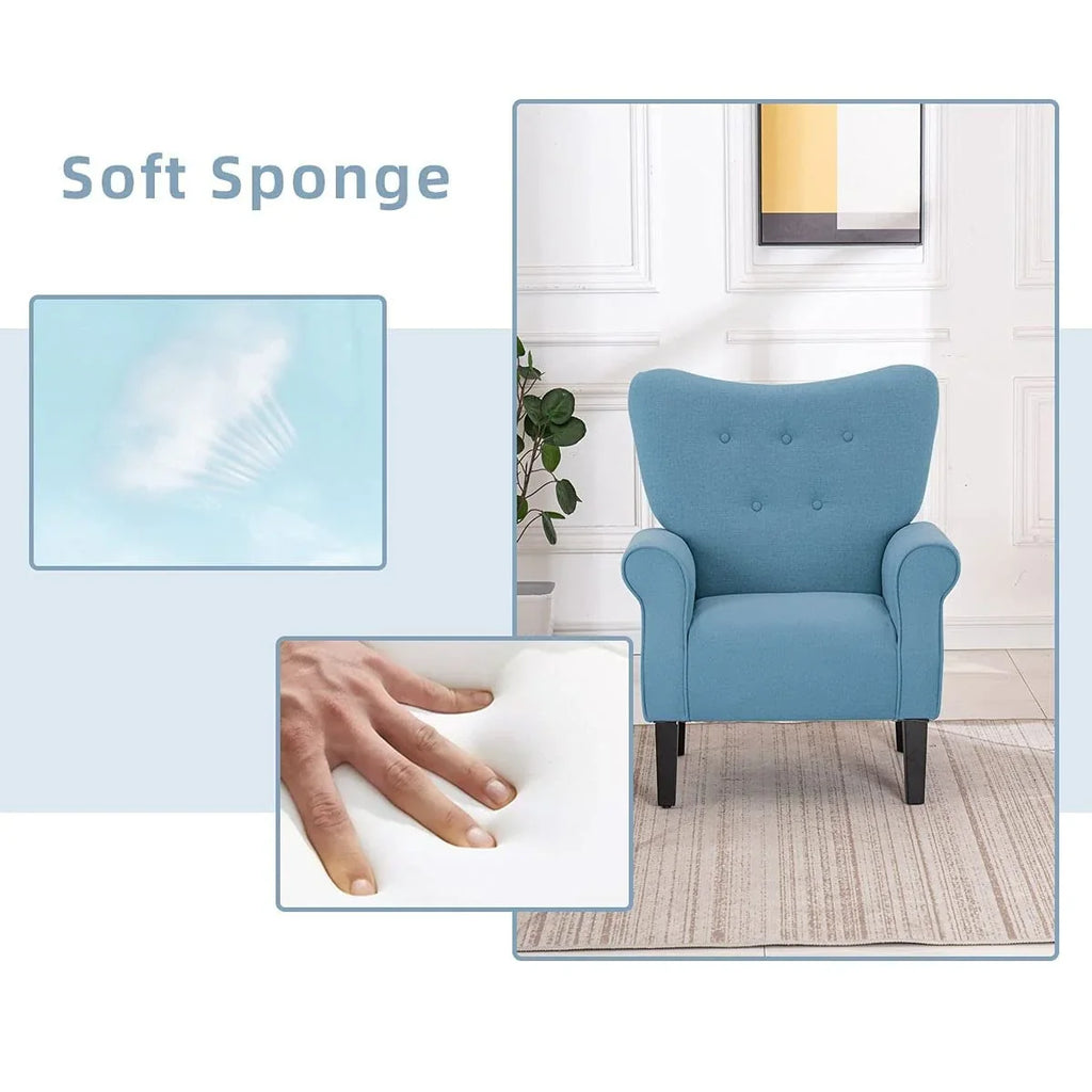 Fauteuil d'appoint moderne Erommy, fauteuil à dossier haut, canapé simple en tissu rembourré avec boutons et pieds en bois pour salon