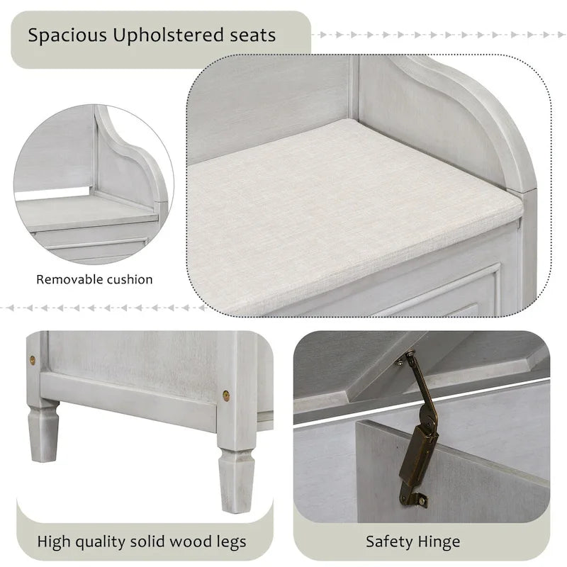 Banc de rangement rustique en bois massif pour entrée avec charnière de sécurité