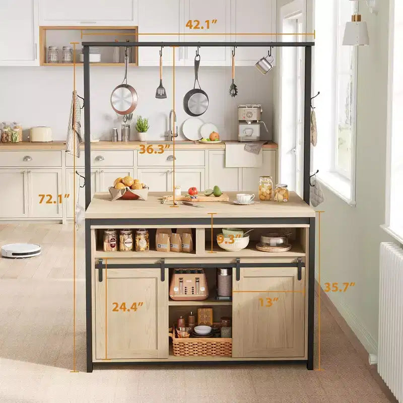 Îlot de cuisine, étagère de boulanger avec porte coulissante de grange, grande table îlot de cuisine de 106 cm avec support micro-ondes à 3 niveaux, étagères de four, ensemble table de bar à café