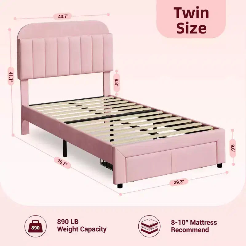 Lot de 2 sommiers de lit jumeaux avec tiroirs de rangement et tête de lit, en velours, profil bas, silencieux, montage facile Rose