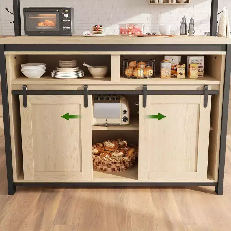 Îlot de cuisine, étagère de boulanger avec porte coulissante de grange, grande table îlot de cuisine de 106 cm avec support micro-ondes à 3 niveaux, étagères de four, ensemble table de bar à café