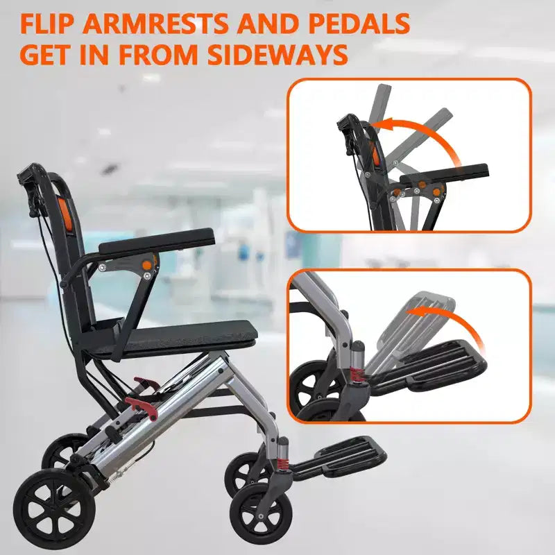 Fauteuil roulant de transport ultra-léger pour personnes âgées, fauteuil de transport pliable et portable, avec frein à main verrouillable et accoudoirs escamotables amovibles