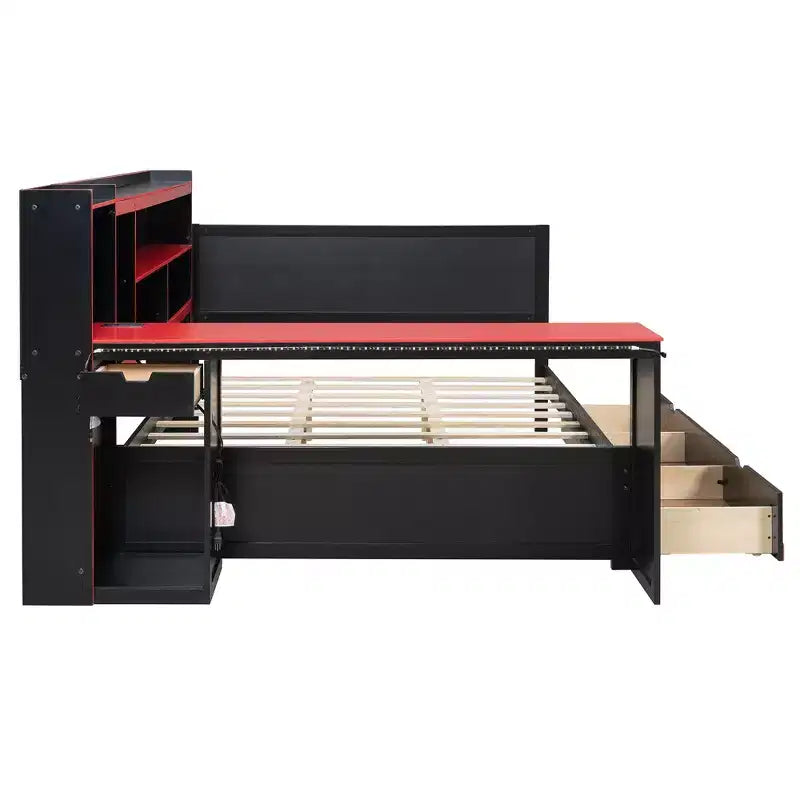 Lit de repos Gamer Hub avec bureau, lumières RGB, station de recharge, tiroirs de rangement et tête de lit bibliothèque