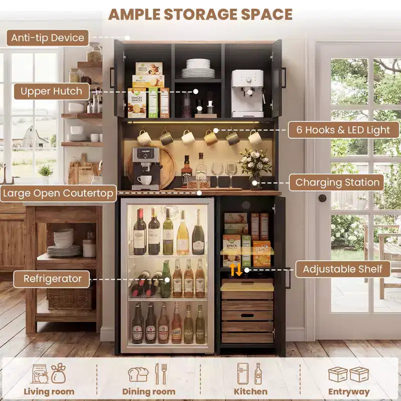 Meuble de cuisine Besiost avec espace mini-réfrigérateur, meuble de bar à café avec étagère de rangement
