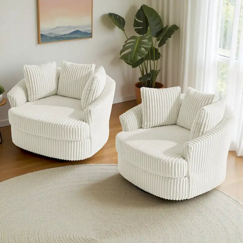 Lot de 2 fauteuils pivotants ronds surdimensionnés en velours côtelé moelleux de 43 po de large avec oreillers