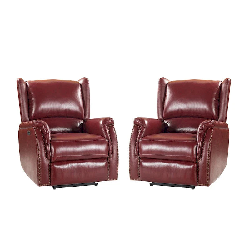 Fauteuil inclinable électrique en cuir véritable avec port USB – Dossier à oreilles clouté, ensemble de 2