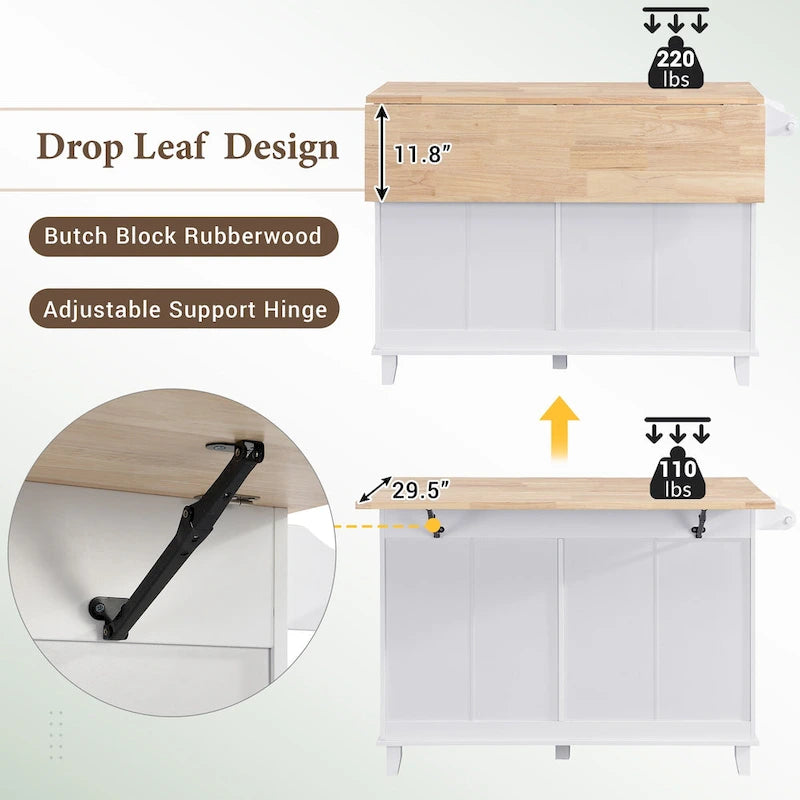 Ensemble d'îlot de cuisine TOPMAX avec abattant et 2 tabourets, ensemble de table à manger avec étagère réglable, tiroirs et porte-serviettes