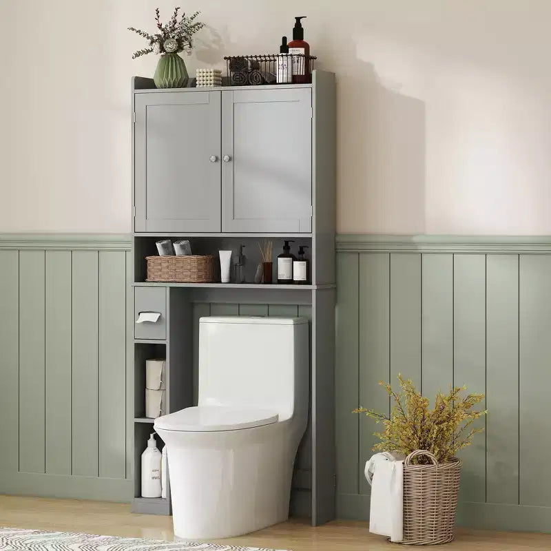 Meuble de rangement WC HOMCOM, Armoire de salle de bain moderne au-dessus des toilettes avec 2 portes, porte-papier toilette, étagère WC autoportante